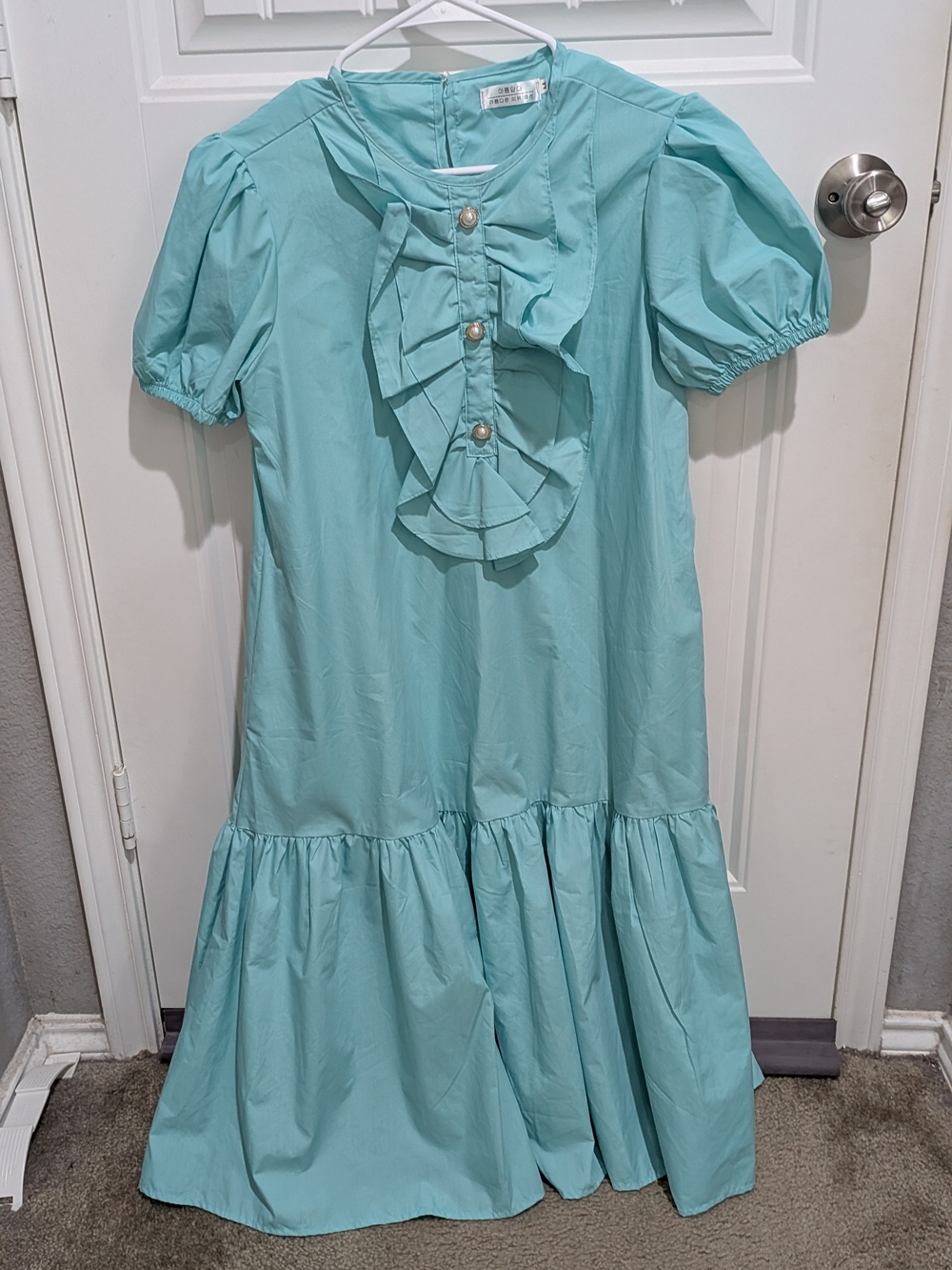 Chic Tiffany Blue Ruffle Tiered Dress with Pearl Buttons - Size M